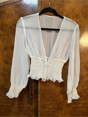 Vintage White Sheer Smocked Waist Button-Front Blouse